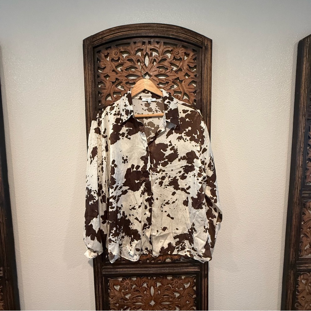 Love Tree Brown and Cream Cow Print Button-Up